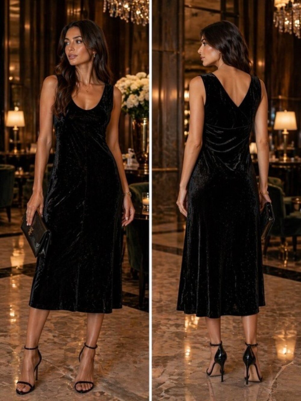 WHBM Black Velvet Slip Dress Midi Sleeveless Shimmer Size 8 Elegant